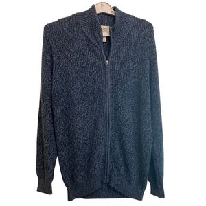 LL Bean Cardigan Sweater Large L Blue Full Zip Cotton Shaker Knit Mock Neck Men